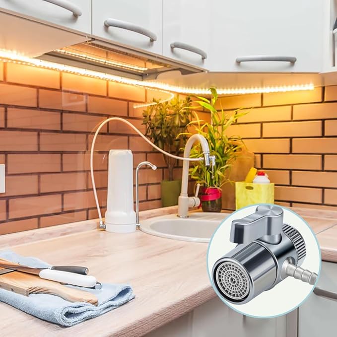 Countertop Water Filter Diverter Valve with Barb Connector, Faucet Diverter Adapter for 6mm, 8mm, 9.5mm Tubing or Hose, Compatible with Standard Kitchen Faucets (6mm barb)