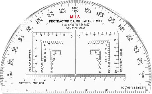 CYA MP-1 6" Half Circle Military Map Protractor - Mils Romer Scale Tool | Thick waterproof 6" half circle map protractor with mils & romer scales. Fits 1:25k, 1:50k & 1:100k UTM/MGRS charts.