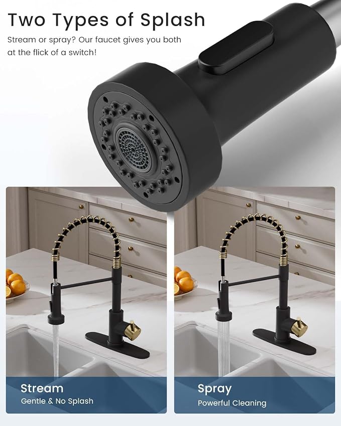 APPASO Black and Gold Spring Kitchen Faucet with Soap Dispenser | NSF/ANSI/CAN 372 & Lead-free, Commercial Single Handle High Arc Faucet for Farmhouse Camper Bar Sink Laundry Room