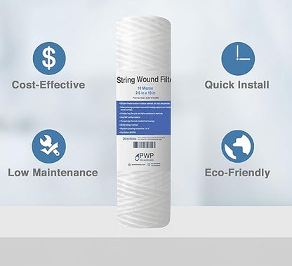 String Wound Sediment Water Filter Cartridge Standard 2.5x10" 10 Micron 25 Pack