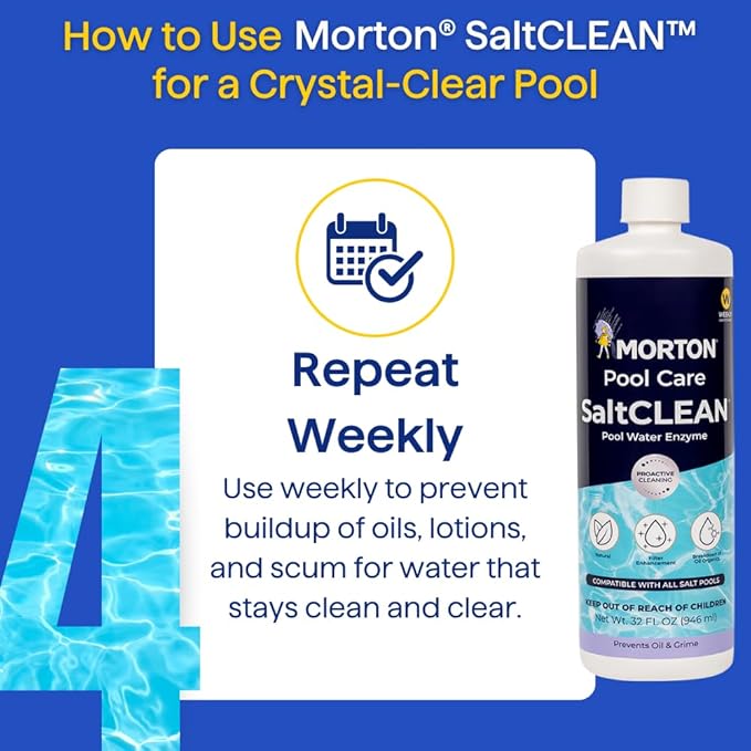 Morton SaltCLEAN | All-Natural Enzyme Pool Clarifier for Clearer Water | Breaks Down Oils, Lotions & Scum | Weekly Maintenance for All Pool Types | 32oz