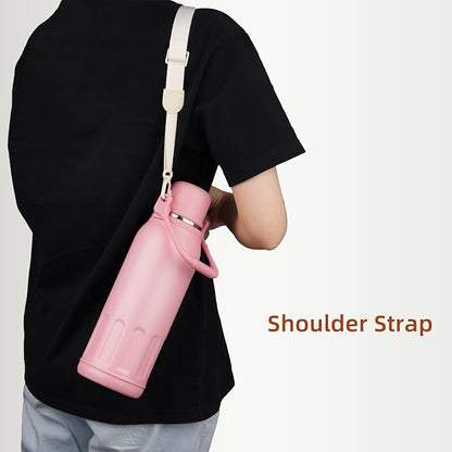 Konokyo Insulated Water Bottle with Handle and Strap,Vacuum Travel Tumbler with Cup Lid,Thermo Coffee Cup for Hot Cold Drinks 27 OZ,Beige