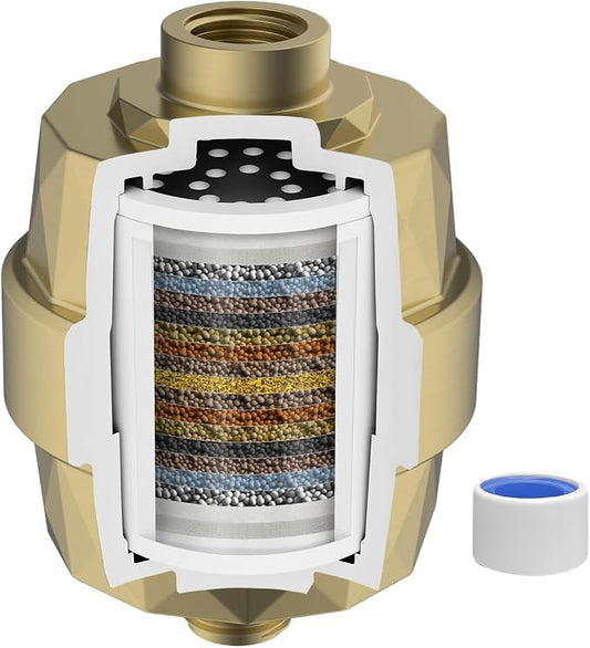 Hibbent Shower Filter for Hard Water, High Output Shower Head Filter to Remove Chlorine and Fluoride, 20 Stage Showerhead Filter with Vitamin C, Reduces Dry Itchy Skin, and Eczema, Brass Gold