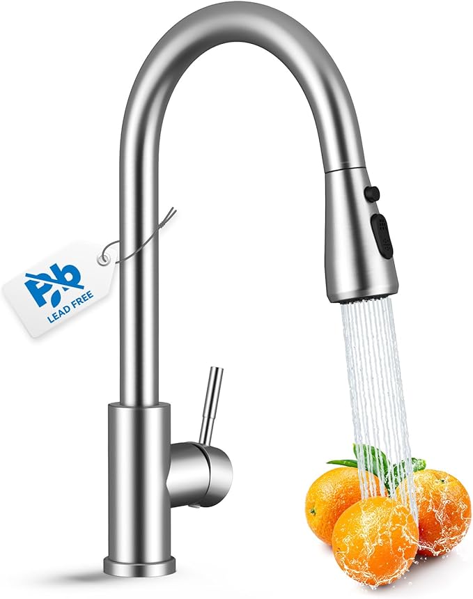 Kitchen Faucet with Pull Down Sprayer, VFAUOSIT Lead-Free Kitchen Sink Faucet Brushed Nickel Stainless Steel High Arc Pull Out Single Hole Kitchen Faucets for Pot Filler, Farmhouse RV Bar Laundry Room