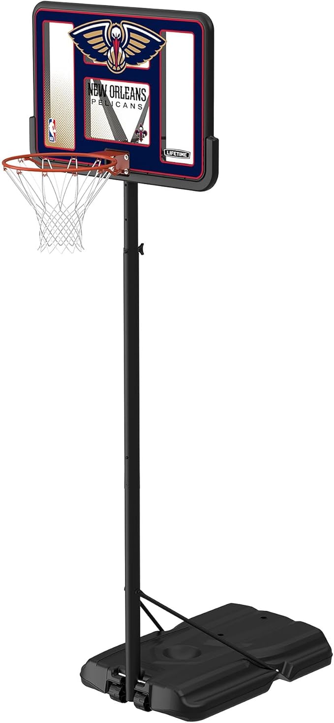 Lifetime NBA New Orleans Pelicans Portable Basketball Hoop, Adjustable Height 7.5-10 Ft, 44 Inch Shatterproof Fusion Backboard, Base with Wheels
