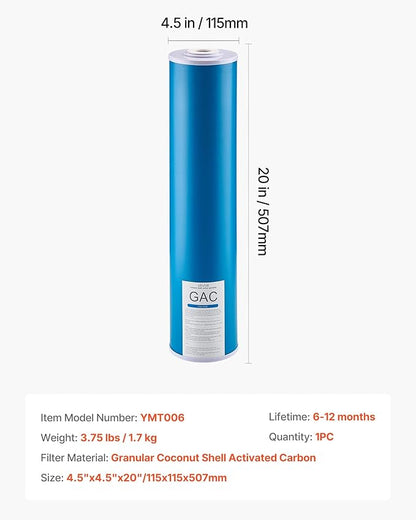 VEVOR GAC Filter, Universal Fit 20 x 4.5 in Granular Activated Carbon Replacement - for Whole House Water Filter Systems, Reduces Chlorine, Chemicals, VOCs, Bad Taste & Odor