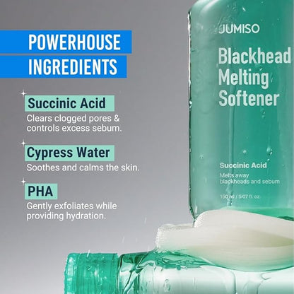 JUMISO Blackhead Melting Softener Kit (150ml/5.07 fl oz + 40 Pads + 10 Swabs) – Succinic Acid + PHA Pore Solution, Gently Dissolves Sebaceous Filaments & Strawberry Nose (No Pulling Strips)