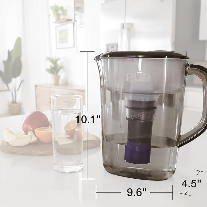 PUR PLUS 7-Cup Water Filter Pitcher with 1 Lead-Reducing PUR Plus Filter, Dishwasher Safe, Powerful Filtration, Filter Change Indicator Light, Smoke, PPT711B