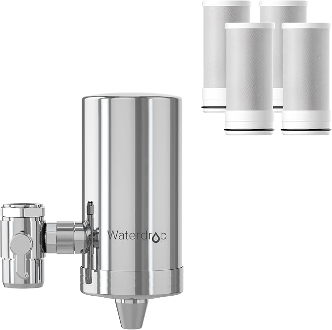 Waterdrop FC-06 Water Filter for Sink Faucet with 4 Filters | Reduce Chlorine, 360° Rotating Stainless Steel, NSF Certified Faucet Water Filter for Kitchen Sink, 1 Year Long Life