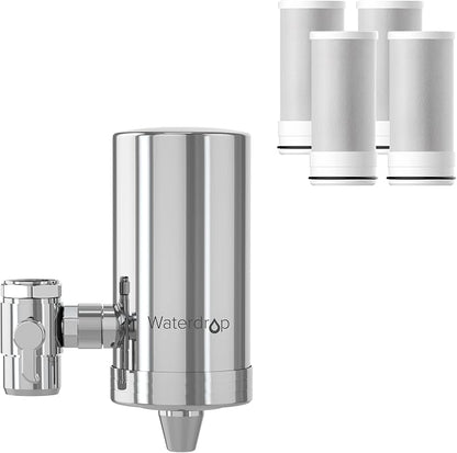 Waterdrop FC-06 Water Filter for Sink Faucet with 4 Filters | Reduce Chlorine, 360° Rotating Stainless Steel, NSF Certified Faucet Water Filter for Kitchen Sink, 1 Year Long Life