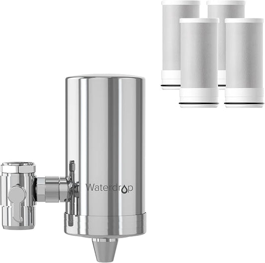 Waterdrop FC-06 Water Filter for Sink Faucet with 4 Filters | Reduce Chlorine, 360° Rotating Stainless Steel, NSF Certified Faucet Water Filter for Kitchen Sink, 1 Year Long Life