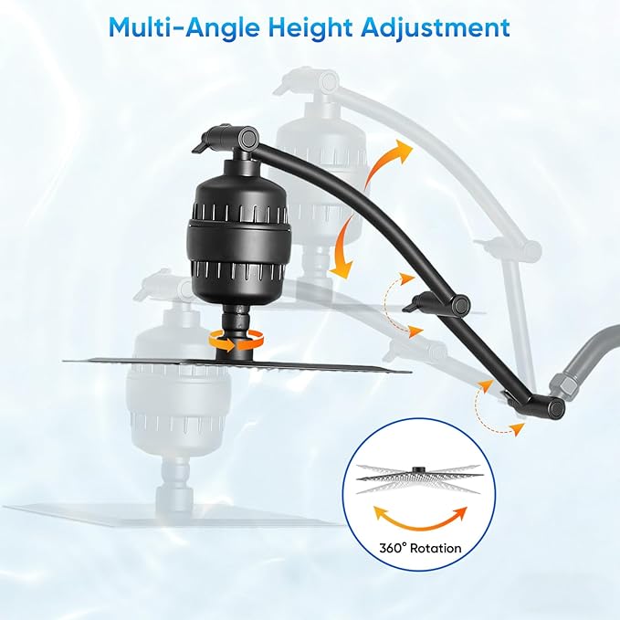 Shower Head with Filters, Stainless Steel Rain Filtered Shower Head, High Pressure Shower Head with 16" Shower Extension Arm - 20 Stage Shower Filter for Hard Water - 12" Black
