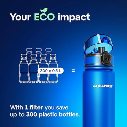 AQUAPHOR City Water Filter Bottle 500 ml | Portable Filtered Water Bottle with Integrated Water Purifier | BPA-Free | Reusable Bottle with Water Filter for Camping, Travel & Outdoor Use | Blue