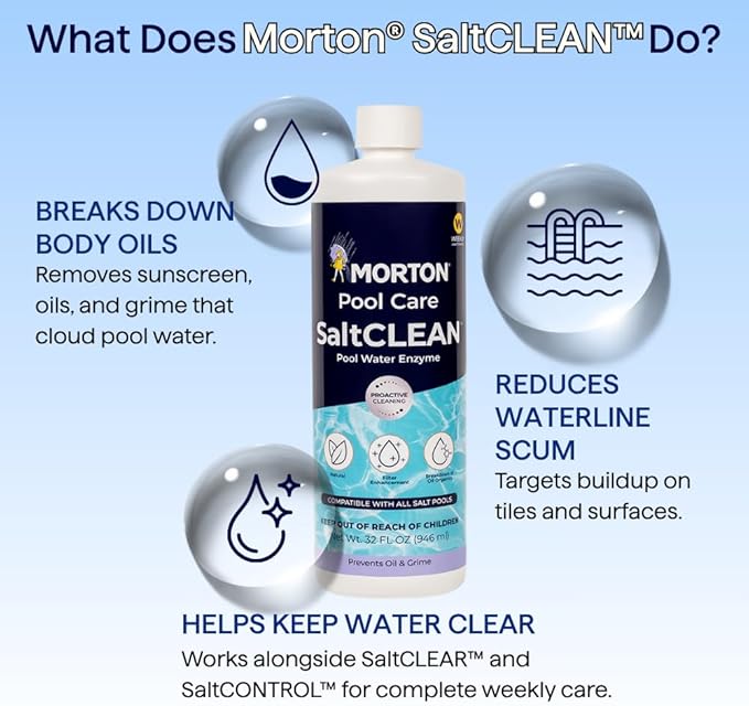 Morton SaltCLEAN | All-Natural Enzyme Pool Clarifier for Clearer Water | Breaks Down Oils, Lotions & Scum | Weekly Maintenance for All Pool Types | 32oz