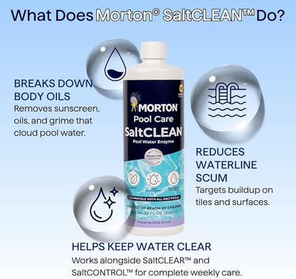 Morton SaltCLEAN | All-Natural Enzyme Pool Clarifier for Clearer Water | Breaks Down Oils, Lotions & Scum | Weekly Maintenance for All Pool Types | 32oz