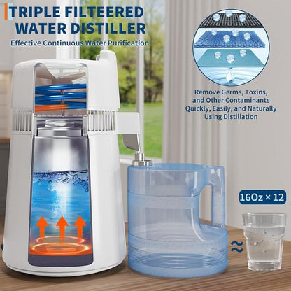 GarveeHome Water Distillers for Home Countertop, 1.5 gal/6 L Stainless Steel Distilled Water Machine with Glass Container, 750W Desktop Drinking Purifier Filter Distilling Kit