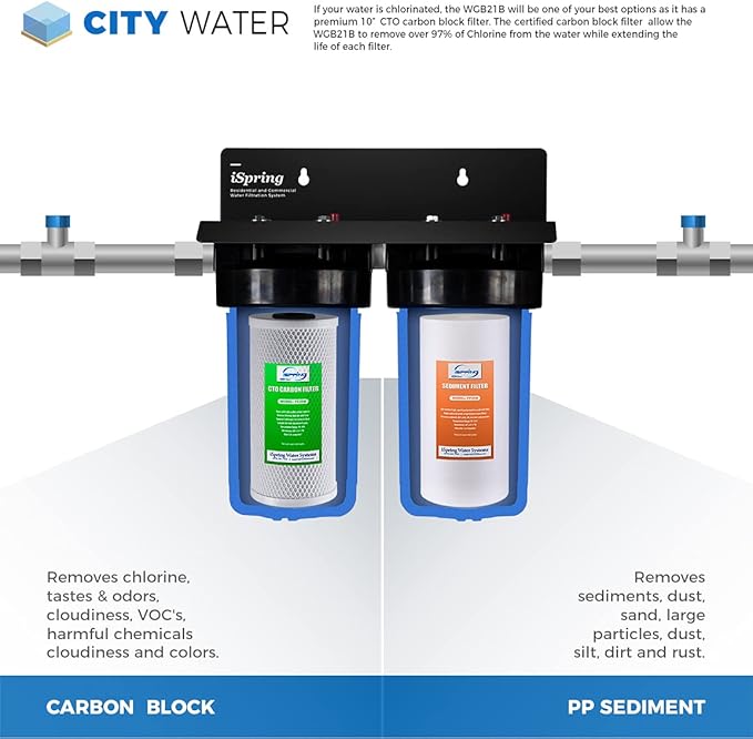 iSpring WGB21B 2-Stage Whole House Water Filtration System & WSP50 WSP-50 WSP-50-Reusable Whole House Spin Down Sediment Water Filter 50 Micron, 1" MNPT + 3/4" FNPT, 50 Micron, Brass