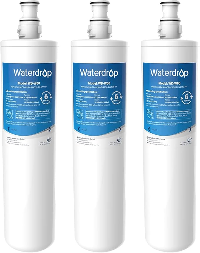 Waterdrop 3US-MAX-F01, 3US-PF01 Under Sink Water Filter, Replacement for Filtrete® 3US-PF01, Maximum 3US-MAX-F01, 3US-PS01, 3US-MAX-S01, Manitowoc K-00338, NSF/ANSI 42 Certified, 3 Pack