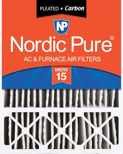 Nordic Pure 20x25x5 Pleated MERV 15 Plus Carbon Air Filter 1 Pack | Actual Size: 19 7/8 x 24 7/8 x 4 3/8 Honeywell Replacement Made in USA, Pro Strength Filtration, Pet & Odor Control