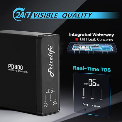 Frizzlife 800GPD Reverse Osmosis Water Filter, NSF/ASNI 58&53&42&372 Standard, Alkaline Mineral pH+ Tankless Reverse Osmosis System, 9-Stage Under Sink Filtration RO, 2:1 Pure to Drain, PD800-TAM4