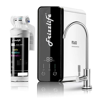 Frizzlife Reverse Osmosis Water Filter - Alkaline Mineral pH+, NSF/ASNI 58&53&42&372 Standard, 600GPD Tankless RO Reverse Osmosis System, Under Sink, 2:1 Pure to Drain, Reduce FPAS/PFOA, PD600-TAM3