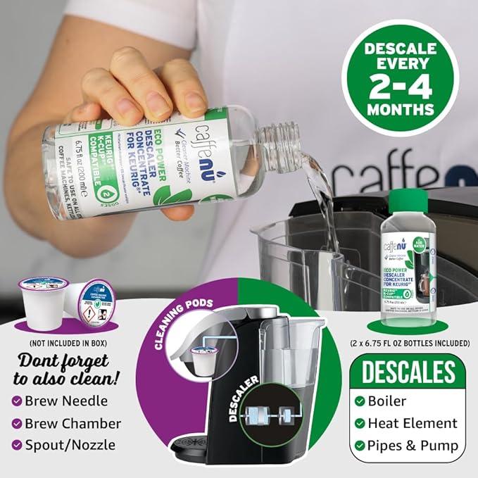 Keurig Compatible Descaling Solution. 2 Bottles of Descaler Solution. Descaling Kit Removes Limescale For Hotter Coffee. 4 Uses Descaler For Keurig Coffee Makers.
