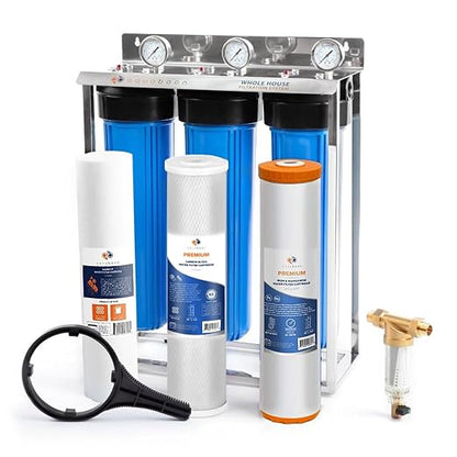 Aquaboon 3-Stage Whole House Water Filter System with 5 Micron 20x4.5 Reducing Sediment and Iron & Manganese Water Purification Filters, Pressure Gauges, Wrench, Iron Bracket