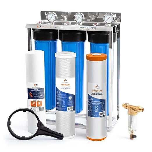 Aquaboon 3-Stage Whole House Water Filter System with 5 Micron 20x4.5 Reducing Sediment and Iron & Manganese Water Purification Filters, Pressure Gauges, Wrench, Iron Bracket