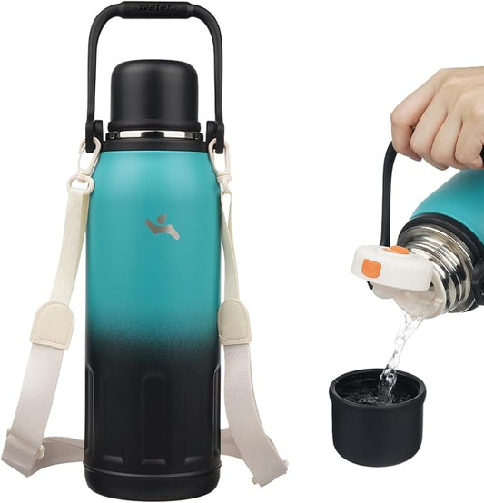 Konokyo Insulated Water Bottle with Handle and Strap,Vacuum Travel Tumbler with Cup Lid,Thermo Coffee Cup for Hot Cold Drinks 50 OZ,TealBlack