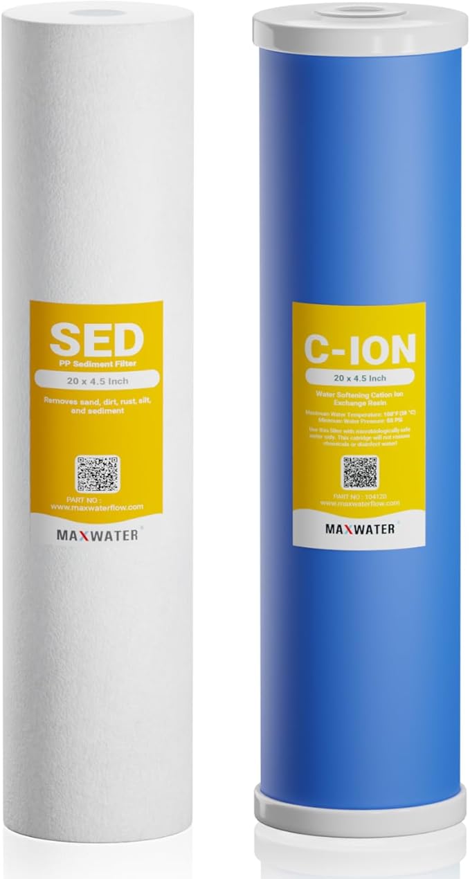 Max Water 20" x 4.5" BB Hard Water Replacement Filter Set - 20" Sediment + Cation Resin Cartridge for Hard Water Treatment & Sediment Removal | Fits Standard Whole House Water Filter Systems