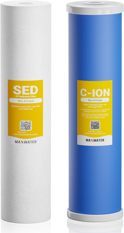 Max Water 20" x 4.5" BB Hard Water Replacement Filter Set - 20" Sediment + Cation Resin Cartridge for Hard Water Treatment & Sediment Removal | Fits Standard Whole House Water Filter Systems