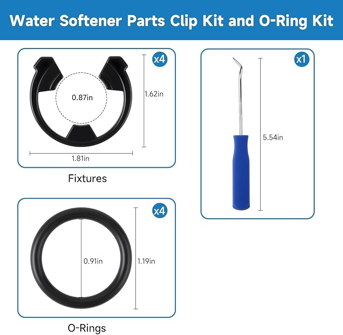 Water Softener Clip Kit Compatible with GE Kenmore Whirlpool Morton WHES30 M34 MSD27 Replace#: 7337563 7337571 7170288 7116713，15/16” O-Ring Kit and Fit 3/4” Valves
