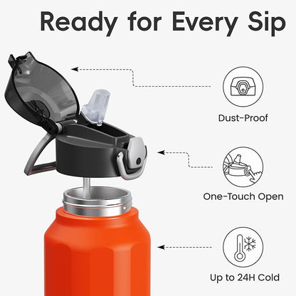 Konokyo FLOWPLAY 32oz Locking Push-Button Water Bottle with Silicone Spout,Leak-Proof,18/8 Stainless Steel Double-Wall Vacuum Insulated for Sports and Travel,BPA-Free,Orange
