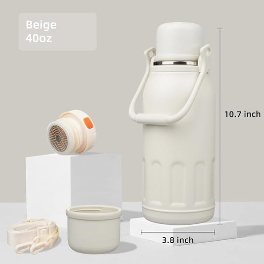 Konokyo Insulated Water Bottle with Handle and Strap,Vacuum Travel Tumbler with Cup Lid,Thermo Coffee Cup for Hot Cold Drinks 40 OZ,Beige