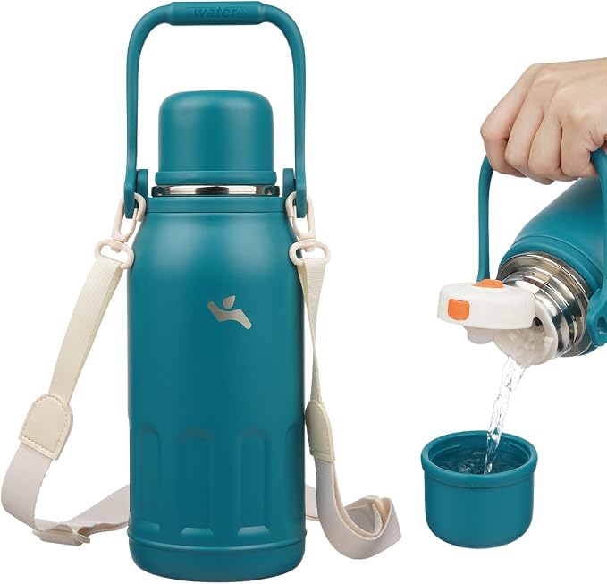 Konokyo Insulated Water Bottle with Handle and Strap,Vacuum Travel Tumbler with Cup Lid,Thermo Coffee Cup for Hot Cold Drinks 40 OZ,Lake Blue
