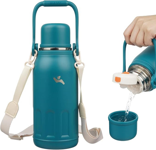 Konokyo Insulated Water Bottle with Handle and Strap,Vacuum Travel Tumbler with Cup Lid,Thermo Coffee Cup for Hot Cold Drinks 40 OZ,Lake Blue