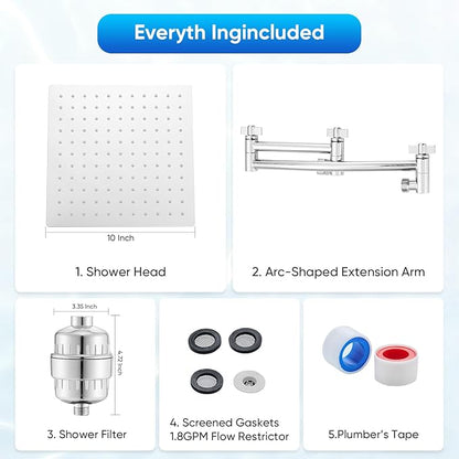 Shower Head with Filters, Stainless Steel Rain Filtered Shower Head, High Pressure Shower Head with 16" Shower Extension Arm - 20 Stage Shower Filter for Hard Water - 8" Silver
