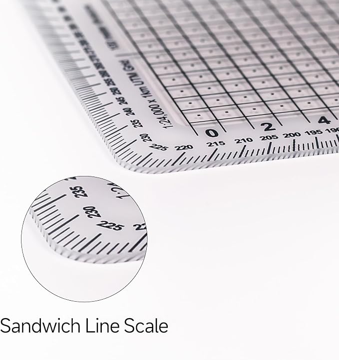 CYA MP-7 Square Military Map Coordinate Scale Protractor - 8x8cm UTM Tool | Square 8x8cm UTM map grid tool dividing 1km grids into 100m squares with 50m center dots. Includes degree compass rose.