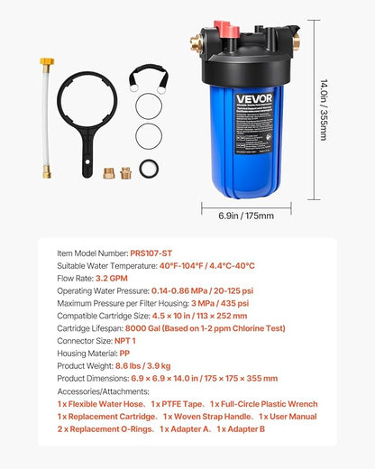 VEVOR RV Water Filter, 4.5 x 10 in Water Filter System with Replaceable Cartridge for RV, Remove Sediments, Chlorine, Bad Tastes, Odors, and Most Contaminants, RV Filter for Campers, Boats