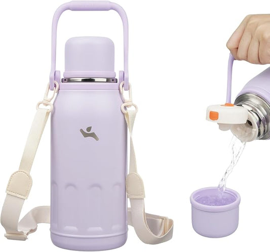 Konokyo Insulated Water Bottle with Handle and Strap,Vacuum Travel Tumbler with Cup Lid,Thermo Coffee Cup for Hot Cold Drinks 40 OZ,Purple