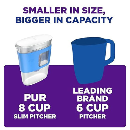 PUR Slim Water Filter Pitcher, 8-Cup Capacity, Compact Design for Dorms & Mini Fridges, Dishwasher Safe, Fast Filtration, Includes 1 Filter, Cleaner Great-Tasting Drinking Water Filtration, Tangerine