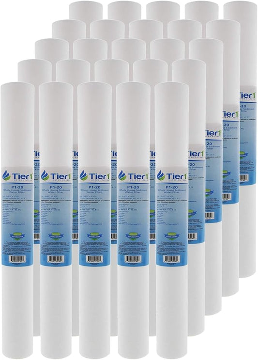 Tier1 1 Micron 20 x 2.5 Whole House Water Filter | Spun Wound Polypropylene Sediment Depth Filtration | Replacement for Pentek P1-20, SP-P1-20, PX01-20 | 2.5 x 20 Water Filter Cartridge (25 Pack)