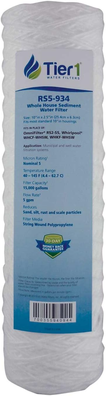 Tier1 5 Micron 10 x 2.5 Water Filter | String Wound Polypropylene Whole House Fine Sediment Filter Cartridge | Replacement for Pentek WP-5, OmniFilter RS2-SS, WHCF-WHSW | 2.5 x 10 Water Filter