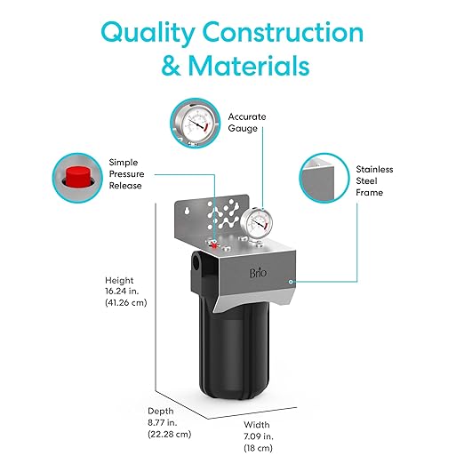 Brio Whole House Water Filter System w/Gauge & Fast-Flow Sediment Filter (5 Micron) 4.5" x 10" | Removes Dirt, Improves Taste & Protects Home Appliances | 720 GPH | 50,000 Gallons or 6 Months