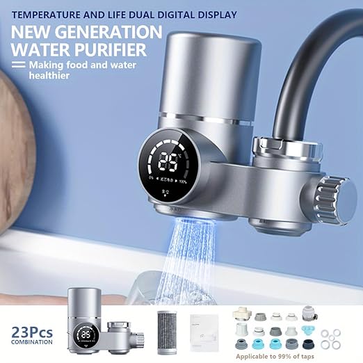 Water Filter for Sink Faucet, Lead-Reducing Filter, Dual Head Design with Temperature Display ℉, 300 Gallons Long-Lasting Reinforced Housing Built-to-Last, Multi-Use Tap Water Filter