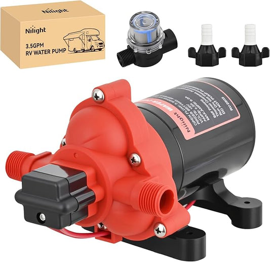 Nilight RV Water Pump, 12v Water Pump 3.5 GPM 45 PSI with Pressure Switch and Strainer Heavy Duty Diaphragm Pump 12 Volt DC Upgrade Self-Priming Low Noice for RV Marine Yacht Caravan Camper Trailer