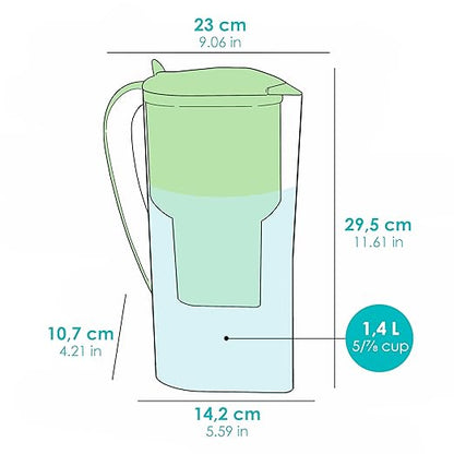 Water Filter Jug Green for Tap Water Alkanatur Drops Filters Water Supports Ionisation and Gives Magnesium from pH 9 1.4 Litre Capacity Filters Limescale Chlorine and Metals Without BPA