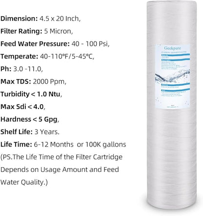 Geekpure Whole House String Wound PP Sediment Replacement Filter Cartridge-4.5" x 20"-5 Micron- Pack of 4