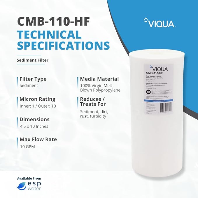 VIQUA CMB-110-HF 1 Micron High Flow Sediment Water Filter 4.5 x 10 Inches, Universal 10-Inch Whole House Water Filter Housing, Reduces Sediment, Rust, Dirt, and Protects UV Systems
