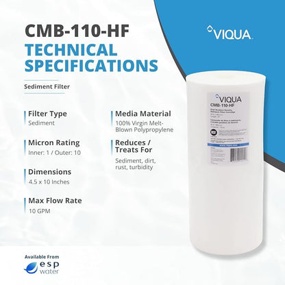 VIQUA CMB-110-HF 1 Micron High Flow Sediment Water Filter 4.5 x 10 Inches, Universal 10-Inch Whole House Water Filter Housing, Reduces Sediment, Rust, Dirt, and Protects UV Systems